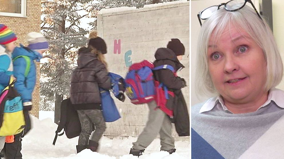 Eva Martinsson, förvaltningschef barn- och utbildning i Gällivare, samt några elever vid Hedskolan.