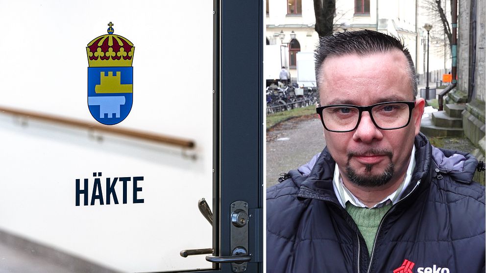 Bild på dörr till häkte med Kriminalvårdens logga på. Det är en dörr till häktet i Örebro som nu har pressat personalläge. Även bild på man i glasögon och kort hår. Mannen heter Daniel Ekblad och är Seko:s lokala företrädare