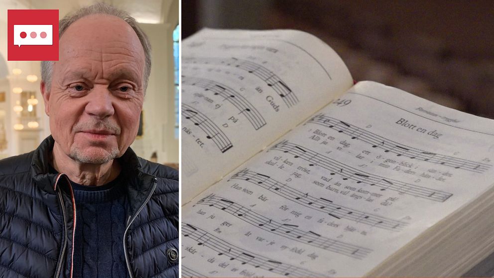 En bild på en psalmbok, uppslagen på psalm 249, ”Blott en dag” och ett porträtt på stiftsmusiker Anders Göranzon.