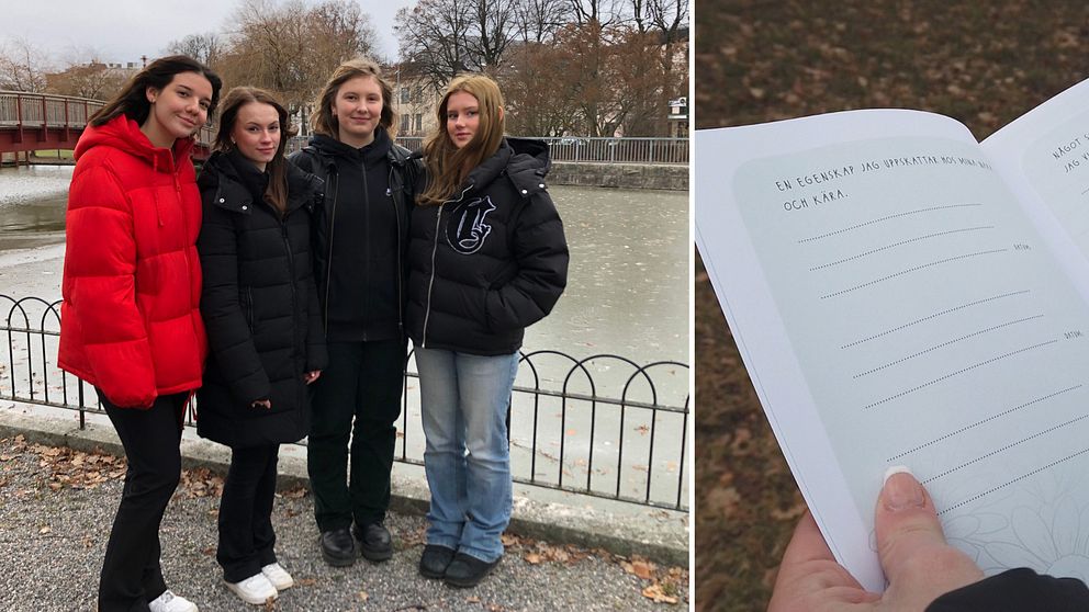 Tvådelad bild: Gruppbild på författarna och UF-företagarna: fyra gymnasietjejer står framför en bro och ett ett uppslag ur boken.
