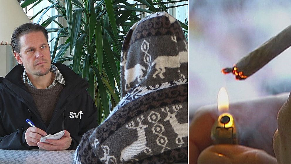 Splitbild: SVT:s reporter sitter mittemot en anonym person till vänster och till höger syns en spliff.