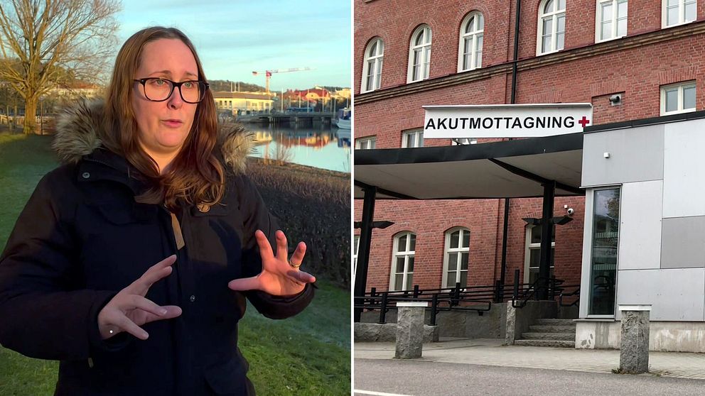 En kvinna (Emma Larsson) är oroad över om Lidköpings akut får finnas kvar, delad bild med fasad till akutmottagning.