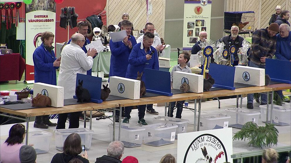 Vuxna människor i vita oh blå rockar klappar händerna och tittar på  9-årige Victor som tilldelats titeln svensk mästare.