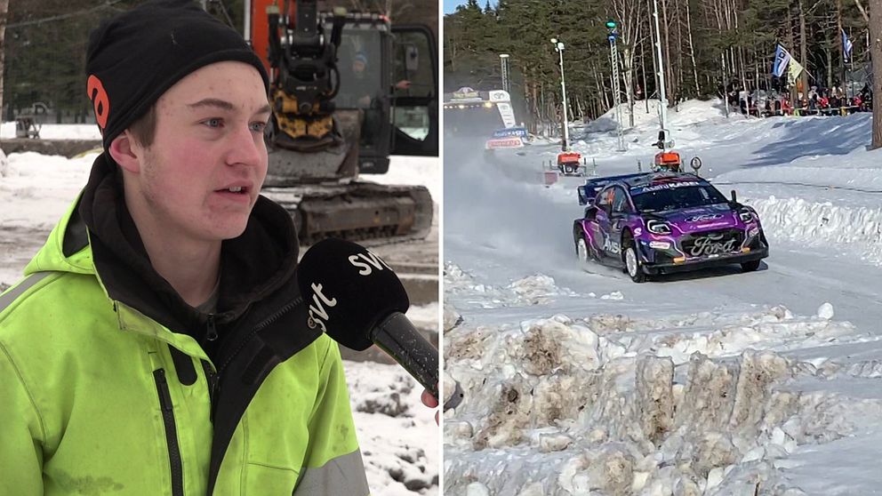 Byggelev i varselkläder till vänster framför grävskopa. Lila rallybil till höger.