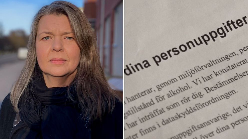 Tvådelad bild med Aili Giselsson , en kvinna, och ett dokument som det står ”dina personuppgifter” på.