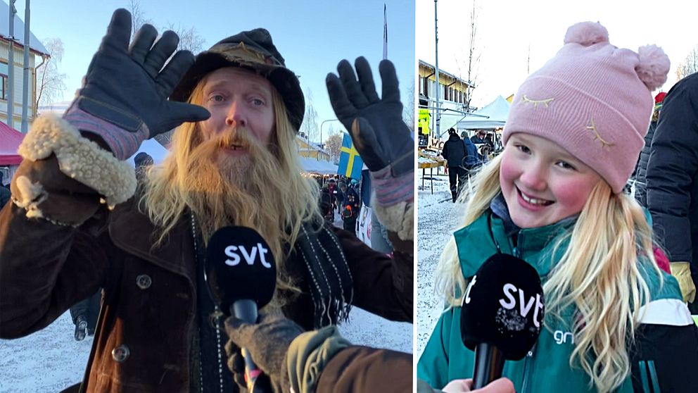 Janpooo Schnitz Rombanani är exalterad över att besöka marknaden efter sin resa från Skåne. Till höger står Jokkmokksbon Ella Öhlund och är glad över att få äta godis mitt i veckan.