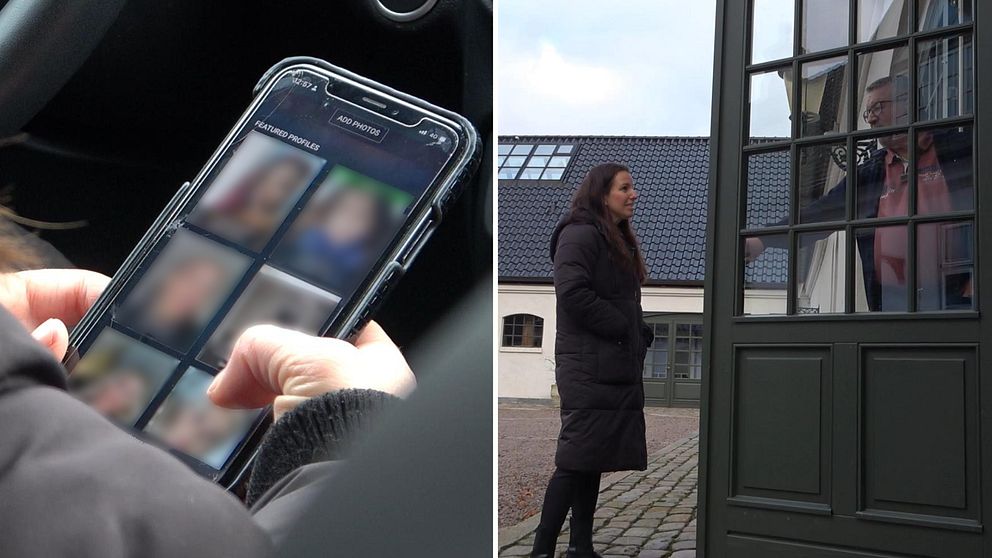 Mobiltelefon med blurrade bilder på en sugardejtning sajt. Delad bild med SVTs reporter Frida Björk som står utanför en dörr, bakom dörren står  Allan Pettersson som är Sugardaters vd.