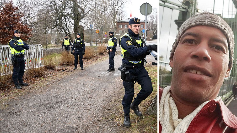 Chris Makoundoul (bilden till höger), låg bakom ansökan som nu nekats av Stockholmspolisen. Till vänster: bild från polisavspärrningar i närheten av Turkiets ambassad i januari, när Koranen brändaes av den högerextreme politikern Rasmus Paludan.