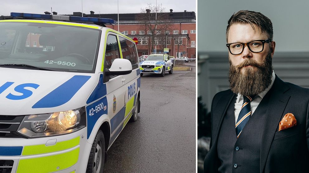 Till vänster: Polisbilar utanför Vrinnevisjukhus i Norrköping efter fritagandet av en 20-årig man. Till höger: 20-åringens senaste advokat Daniel Roos.