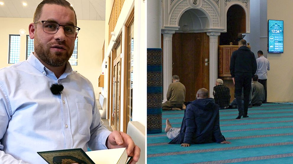 En man i skjorta bläddrar i en koran. Mannen är Göteborgs moskés vd Faraj Semmo. delad bild med ett bönerum från en moské. Några människor sitter på golvet.