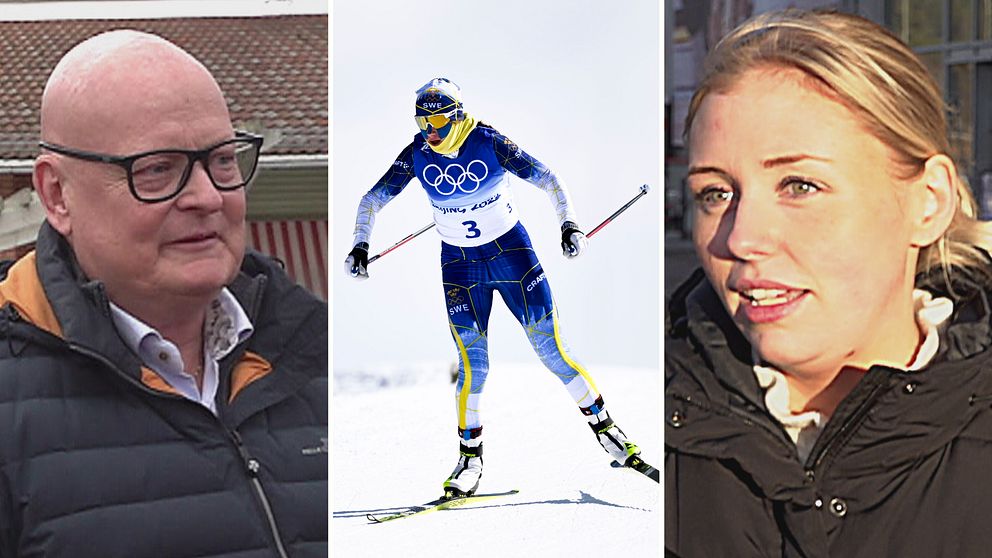 en man i glasöon, flintskallig, en skidåkare i vinter-OS, och en blond kvinna i solljus.