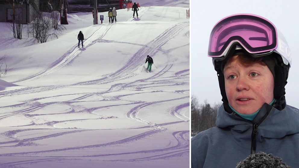 Till vänster: Skidåkare i slalombacke i Åre. Till höger: Skidåkaren Mia Zachrisson, en ung kvinna med vit hjälm och lila slalomglasögon, ser allvarlig ut när hon kommenterar att det blivit dyrare att åka skidor i Åre.