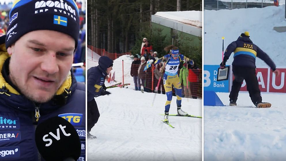 Johannes Lukas springer bredvid åkarna och coachar under VM-sprinten.