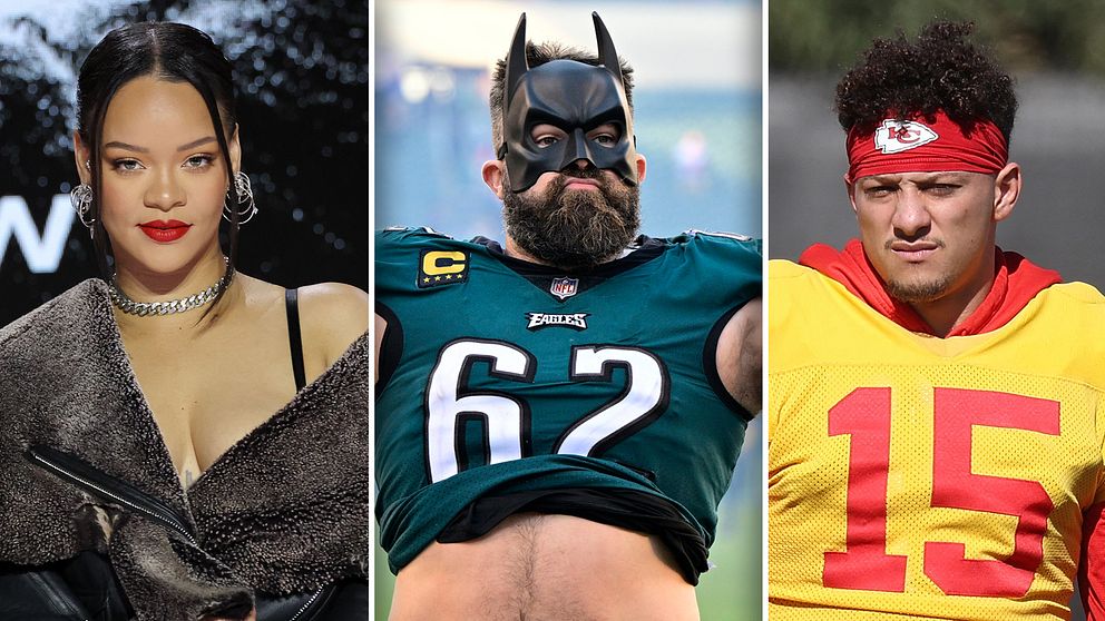 Tre av huvudpersonerna på årets Super Bowl. Från vänster: Artisten Rihanna, Philadelphias Jason Kelce samt Kansas Citys quarterback Patrick Mahomes.