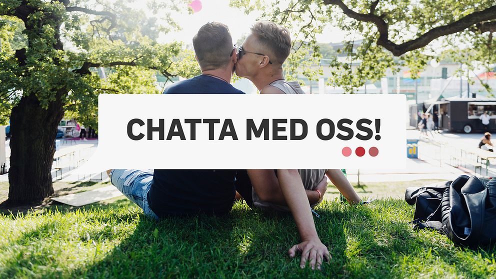 Genrebild på manligt homosexuellt par som pussas sittandes på en gräsmatta.