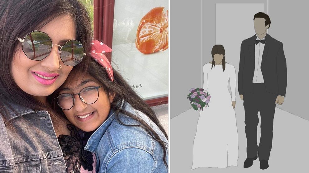 Tahira Masood med dottern Duaa Masood samt en genrebild på tvångsgifte som hotar 12-åringen när hon visas ut till Pakistan.