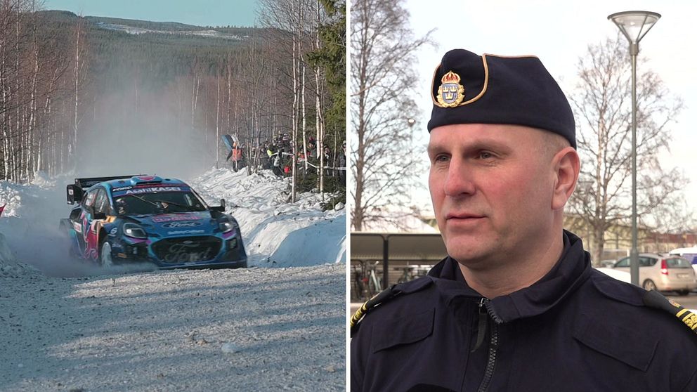 Ett kollage med en rallybil och polisområdechefen.