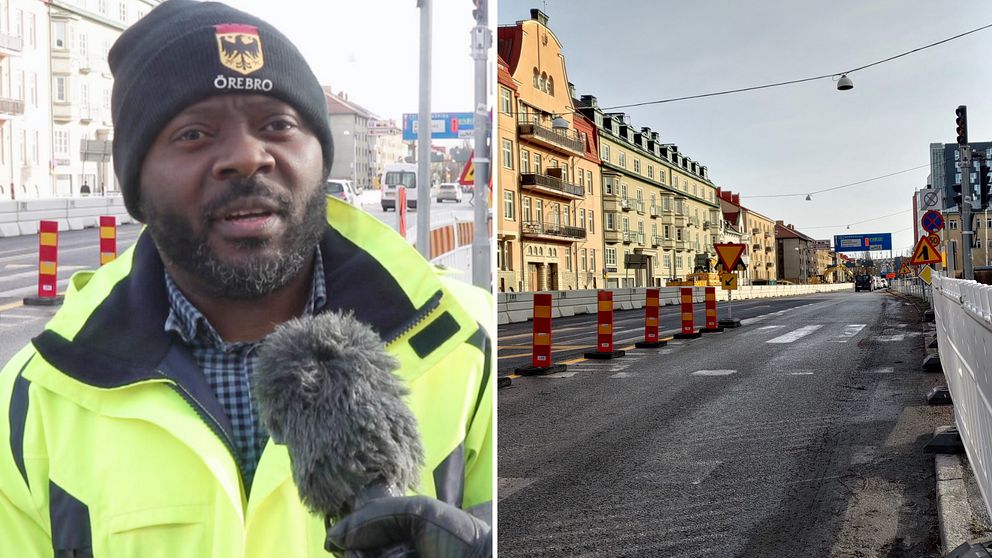 Tvådelad bild: Projektledaren Philip Kabunga och Rudbecksgatan i Örebro, som är avstängd för vägarbete.