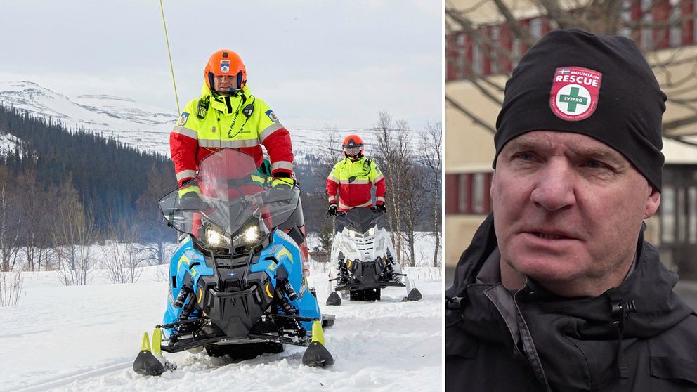 Delad bild med två fjällräddare på varsin skoter uppe i fjällen till vänster. Till höger Peter Borg, chefen för fjällräddningen.