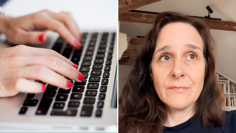 Kvinnlig hand skriver på tangentbord och Nathalie Besèr.