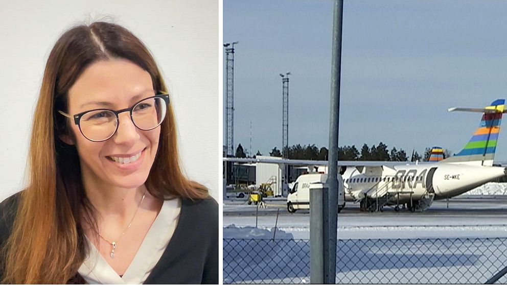 Delad bild. Vänster: person med långt brunt hår. Höger: flygplan vid snötäckt flygplats.