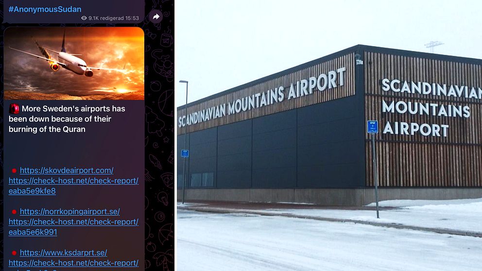 en skärmdump från Telegram och sälens flygplats utvändigt.