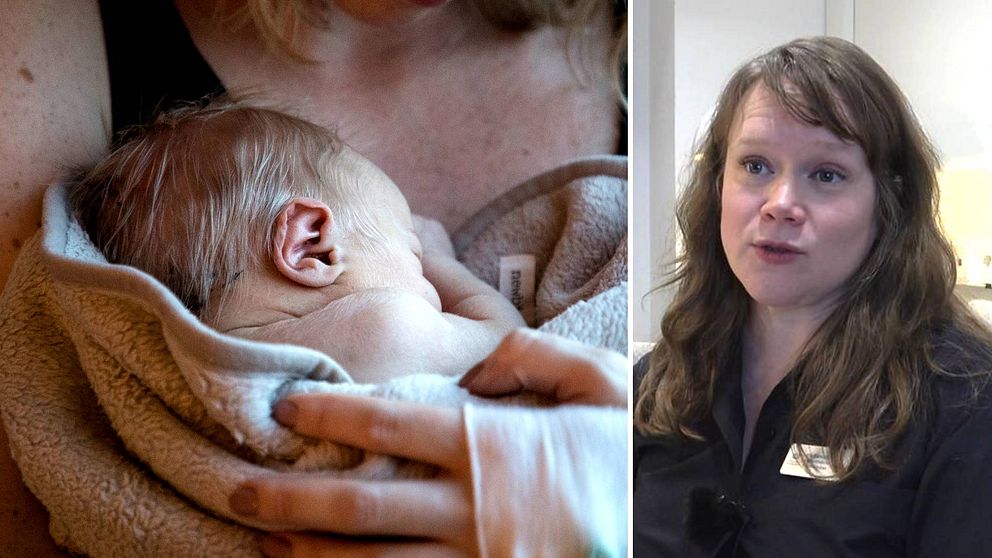 Genrebild på nyfödd bebis i famnen på en kvinna och vårdenhetschef Elin Fjällström.