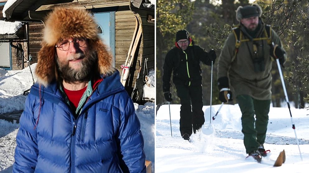 Turistföretagaren Dirk Hagenbuch samt två skidåkare i Solbergskogen i Gällivare kommun.