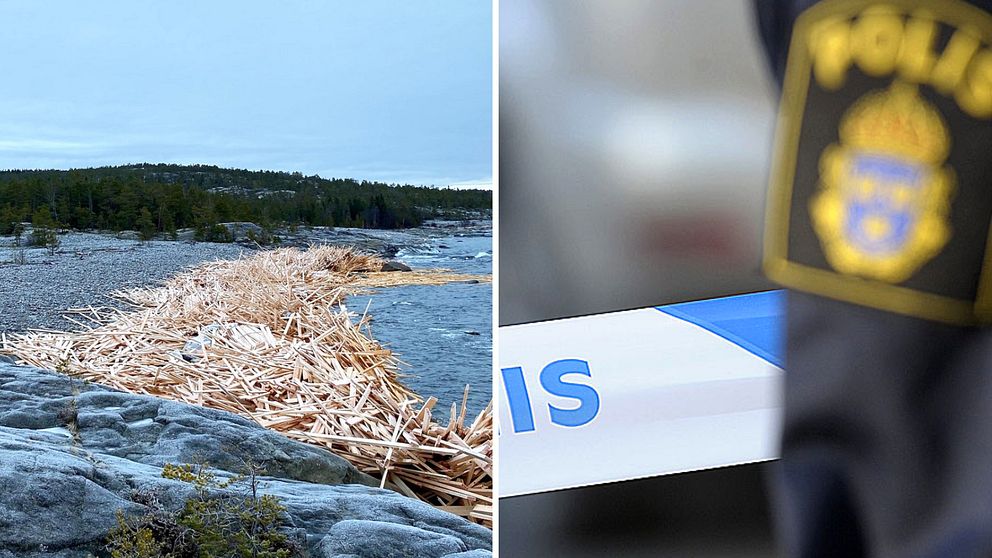 Delad bild. Vänster: Nedrivna träd vid strand. Höger: Polistejp och polisuniformsdetalj.