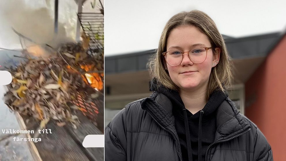 Till vänster: Bilder från Tiktok där elever på Färsingaskolan. Till höger: Lizzié Rietz, elev på Färsingaskolan.