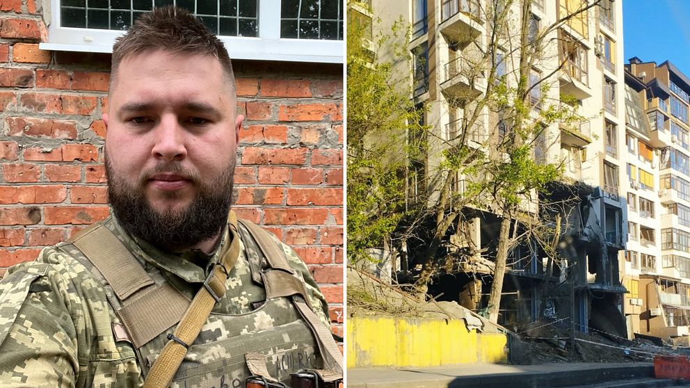 splitbild på Oleksandr och en förtörd byggnad i Ukraina.