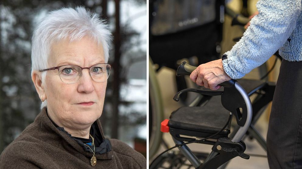 En kvinna ( Åsa Lindestam, ordförande i Pensionärernas riksorganisation) delad bild med en äldre persons hand på en rullator.