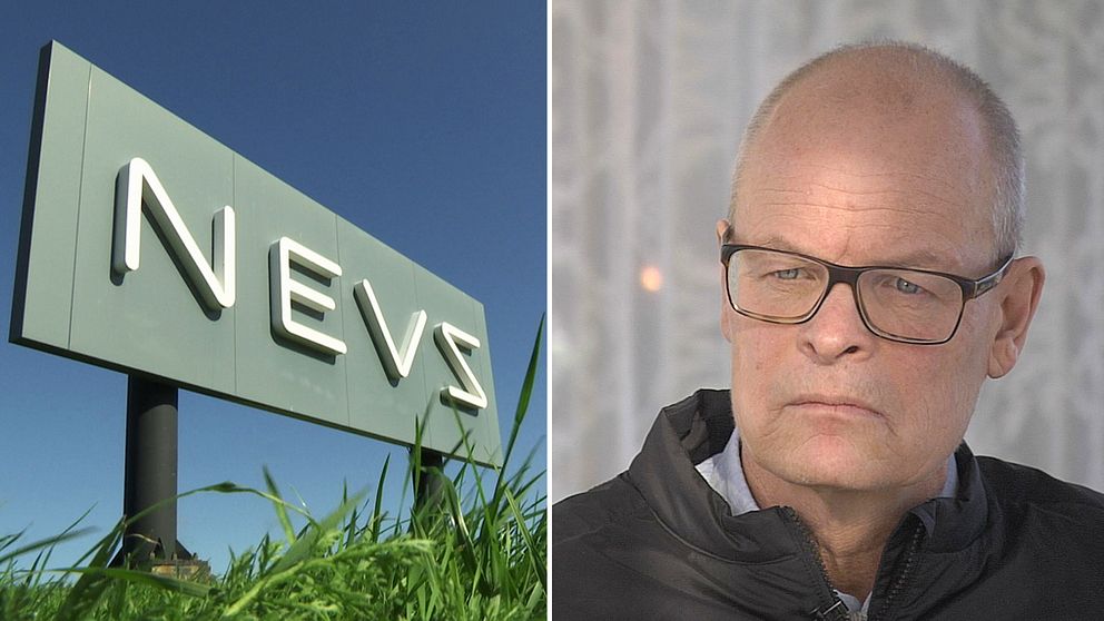 Skilt där det står ”nevs” delad bild med en man (Stefan Tilk) som är vd för Nevs