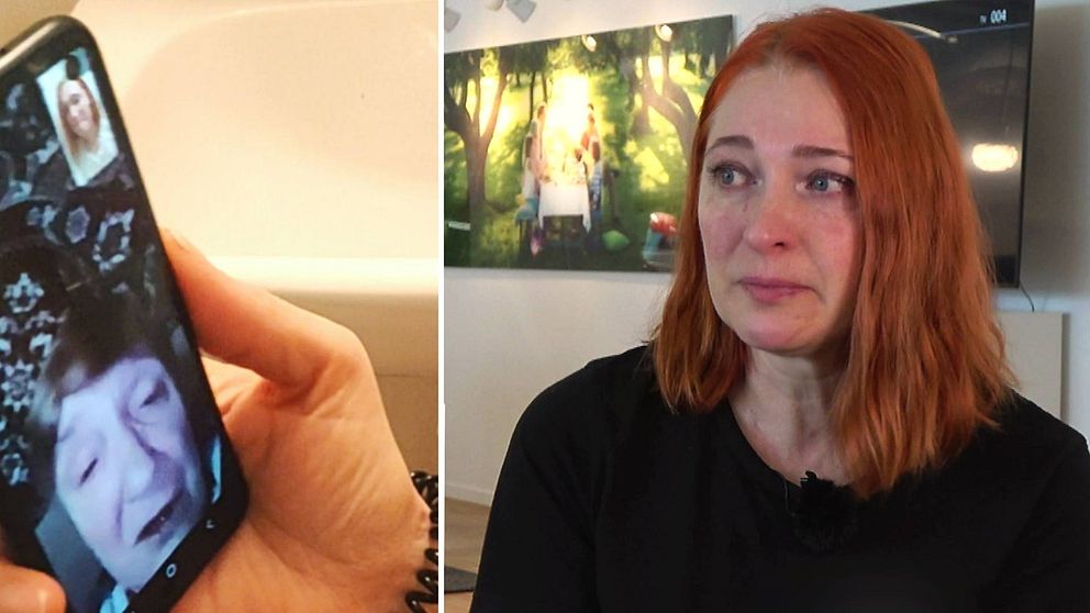 Luleåbon Olena Myroshnychenko när hon ringer ett videosamtal till sin mamma i Ukraina.