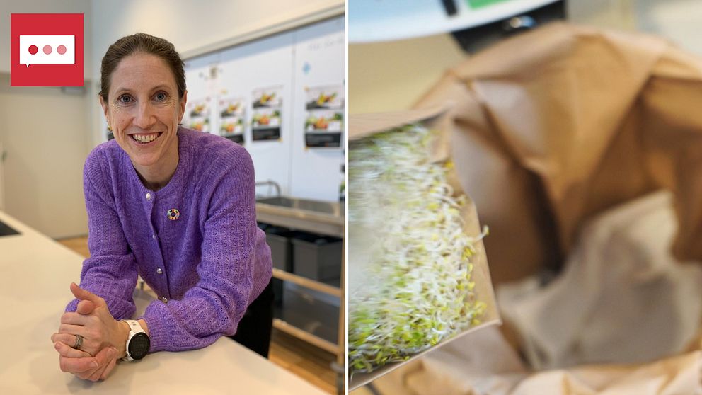 Två bilder i en. Till vänster: Karin Fritz, lila tröja och brunt hår,  lutar sig över en köksö. Till höger: groddar som slängs i en brun kompostpåse.