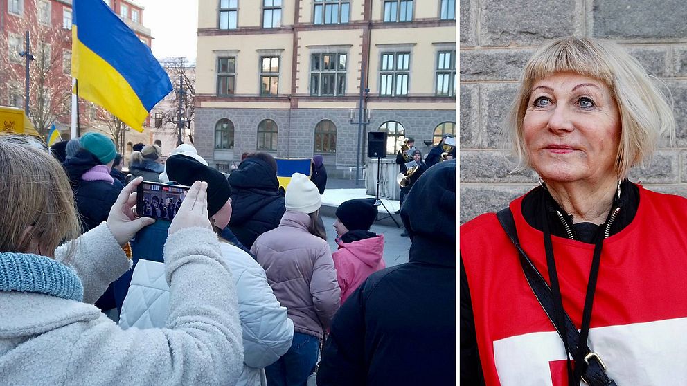 Människor står samlade på ett torg i Eskistuna, det syns blågula ukrainska flaggor, delad bild på en kvinna i röd väst, hon är Solveig Lundström, ordförande i Röda korset Eskilstuna.