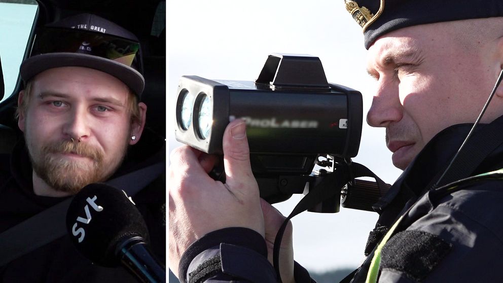 Patrik Olsson är en man som sitter i en bil, han har keps och solglasögon på huvudet, i bilden brevid är det en polis (Petter Magnusson) som håller i en laserkamera.