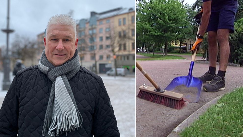 Thomas Strömberg, samordnare för feriepraktik i Örebro, står till vänster i bild. till höger en person som sopar grus.