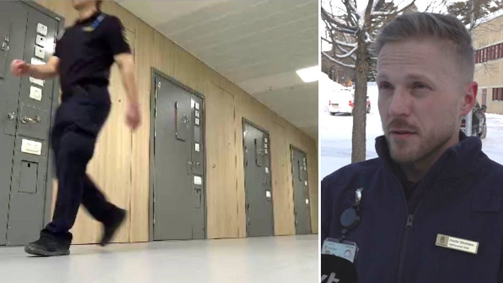 Splitbild. Till vänster går en kriminalvårdare i en häkteskorridor. Han har på sig kriminalvårdens uniform och han går förbi låsta celldörrar. Till höger en porträttbild på vakthavande befäl i Östersund.