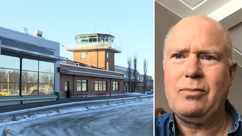 Delad bild. Till vänster ett teglat flygtorn. Till höger en porträttbild på flygsäkerhetskommitténs ordförande Tomas Gustafsson, som är sammanbiten när han kritiserar att Umeå flygplats ska flygledas på distans.