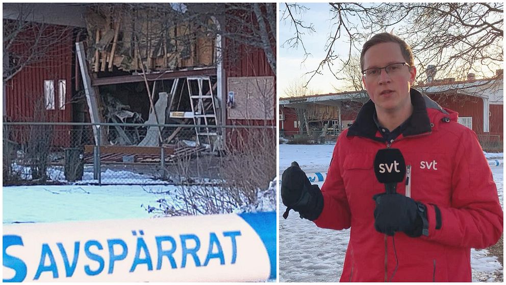 Reporter framför skadad byggnad, vid sidan om närbild på skadad byggnad