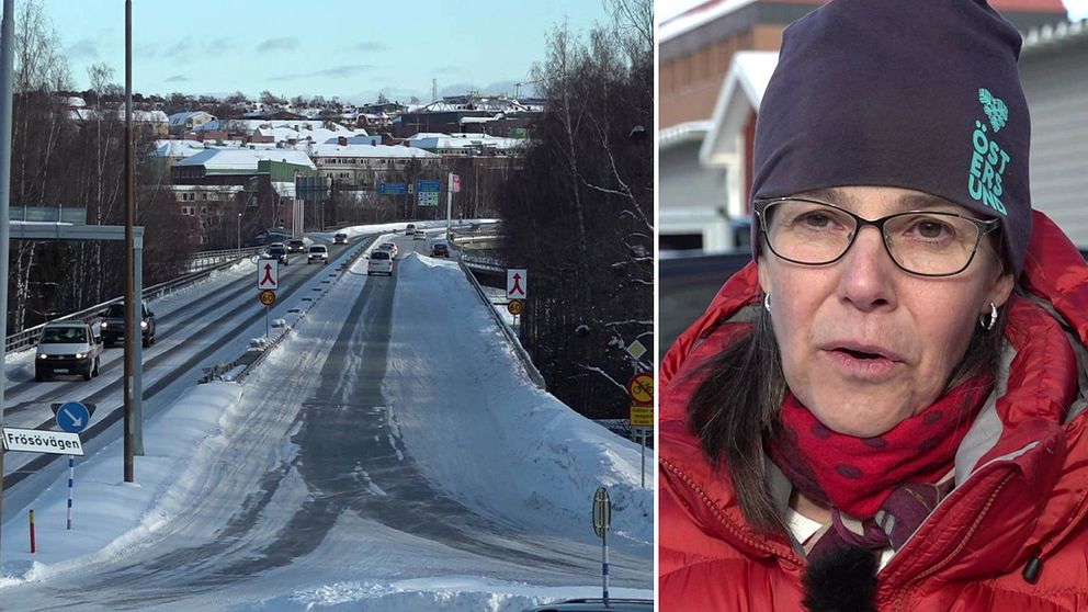 Delad bild. Till vänster vy över Frösöbron med bilar på. Till höger Ann-Charlotte Skoog, klädd i röd jacka och mörkblå mössa.