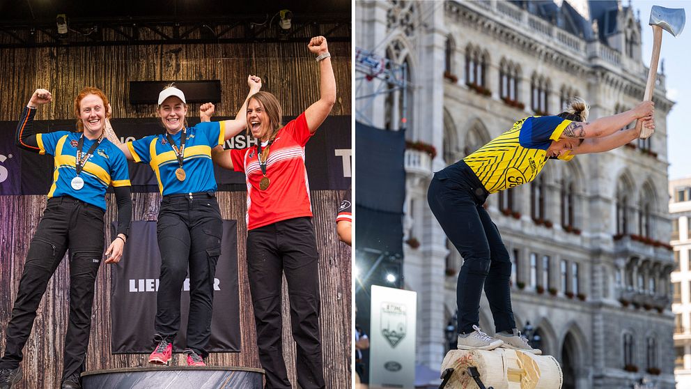 Kollage: Till vänster tre kvinnor på en prispall med varsin medalj runt halsen och armarna uppsträckta i luften. Till höger Orsabon Tove Njöstad som står framåtlutad med en yxa i högsta hugg.