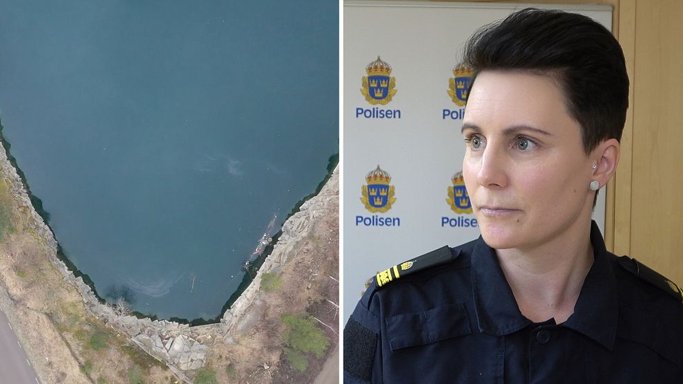 Tvådelad bild: Hynnebergsbrottet fotograferat med en drönarbild från ovan och Karin Eldblom, förundersökningsledare hos polisen i Hallsberg.
