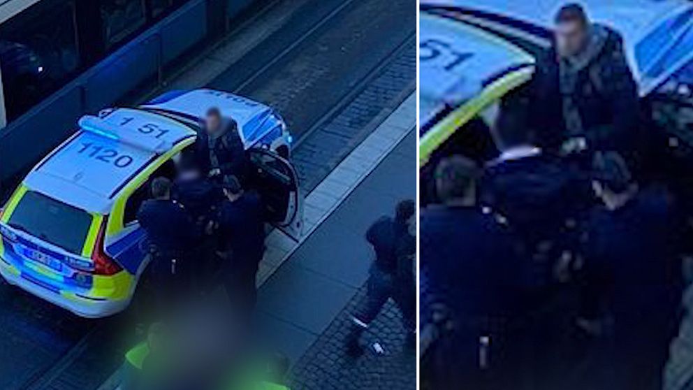 Bild på en blurrad/suddig man som förs in i en polisbil i Brunnsparken precis utanför Nordstan i Göteborg