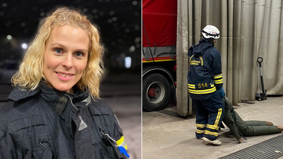 Tvåbild. Blond kvinna iklädd brandmansutrustning tittar in i kameran. Kvinna iklädd brandmanskläder över livräddning på docka.