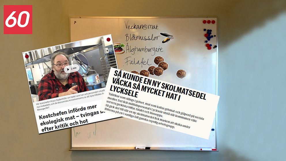 Ett kollage av bilder, rubriker och en whiteboard med en text där det står veckans mat på.