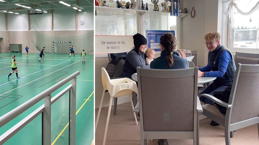 en idrottshall inomhus med fotbollspelande tjejer och en föreningslokal med tre kvinnor och en bebis runt ett bord, som talar om hur fler i Dalarna ska bli engagerade i idrottsföreningarna.