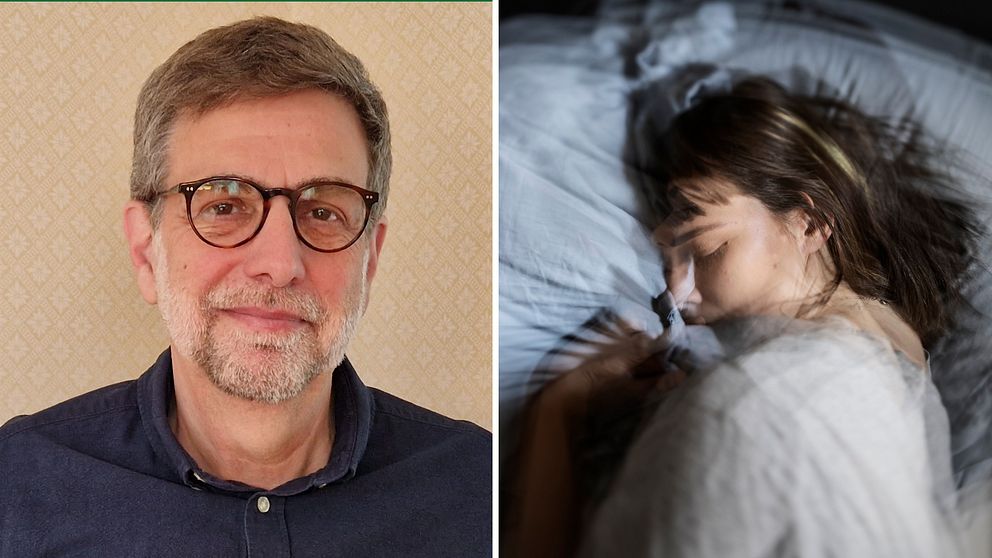 En bild på Sören Berg och en bild på en kvinna som rör på sig i sängen och ser ut att sova dåligt.