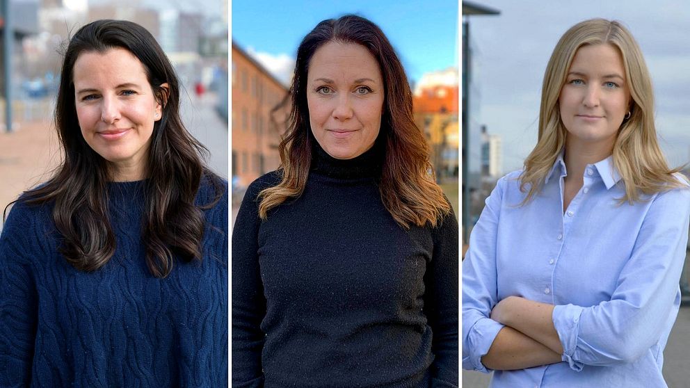 Svts reportrar Frida Björk i blå stickad tröja, Maria Haglund i mörk polotröja, Amanda Gustafsson i ljusblå skjorta